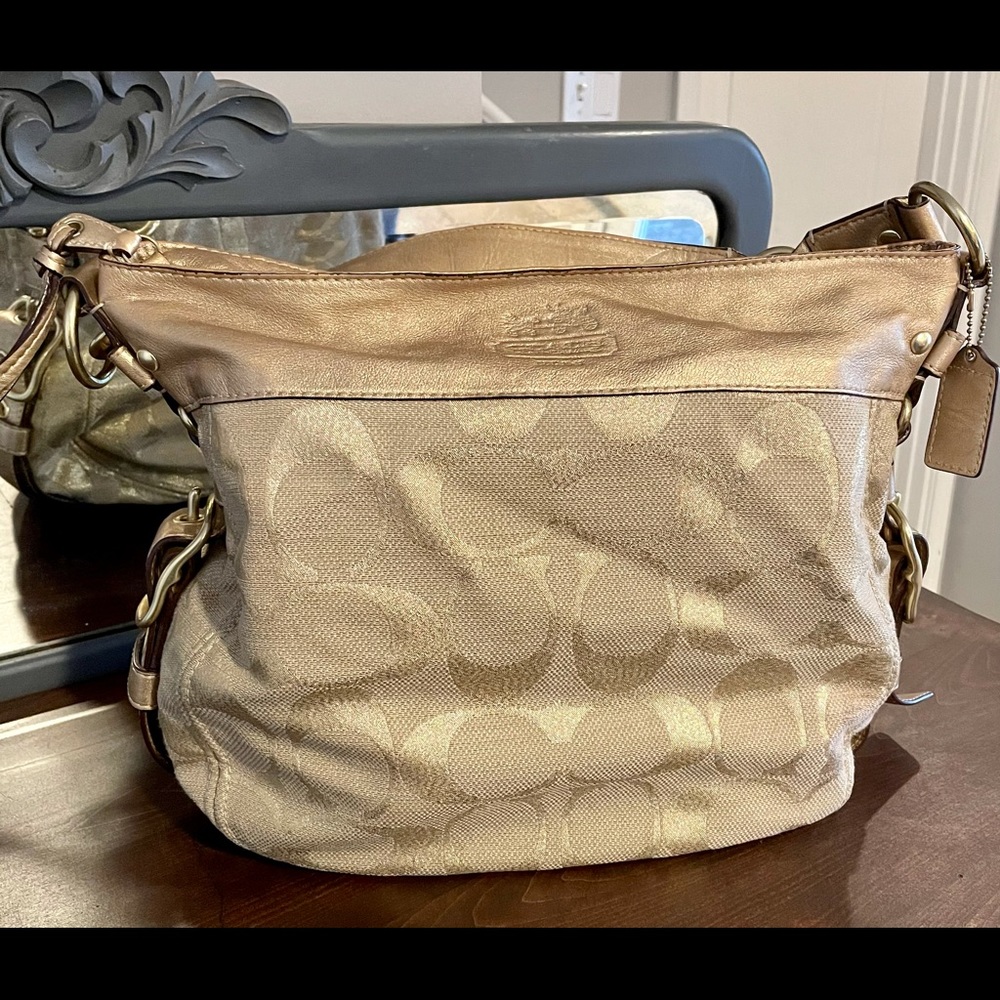Coach Gold and Tan Zoe Signature Hobo